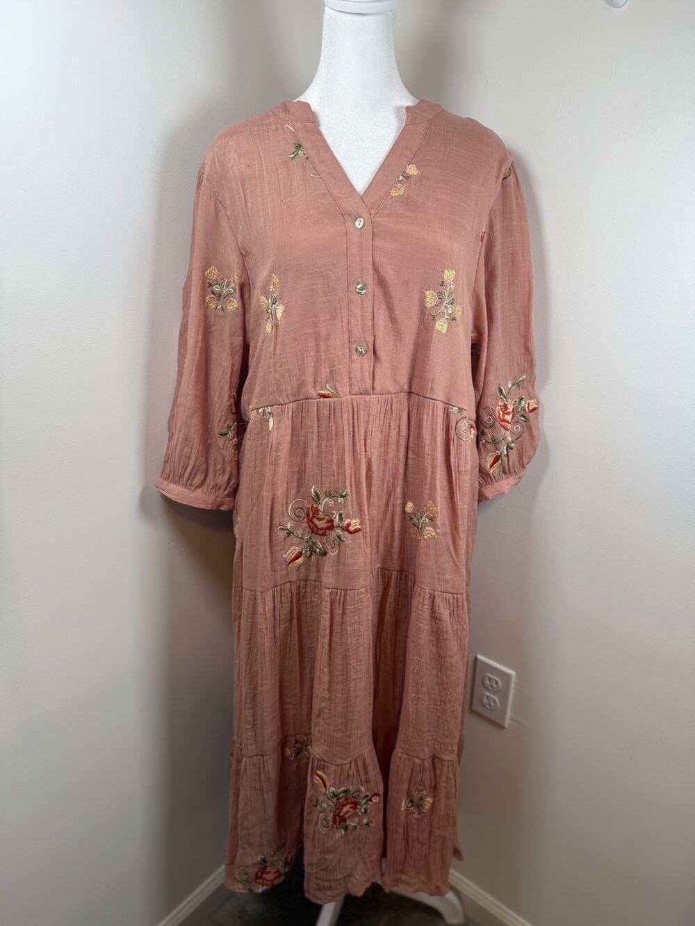 Fig And Flower XL Dress Peach Tiered Embroidered Maxi Boho Lagenlook Prairie